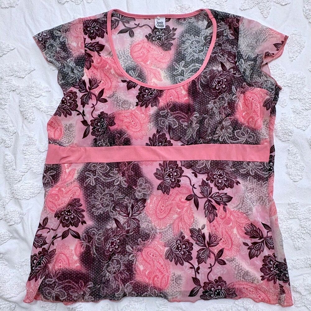 Y2K Era Pink/Black Floral Flutter Sleeve Empire Waist Women's Top-size XL